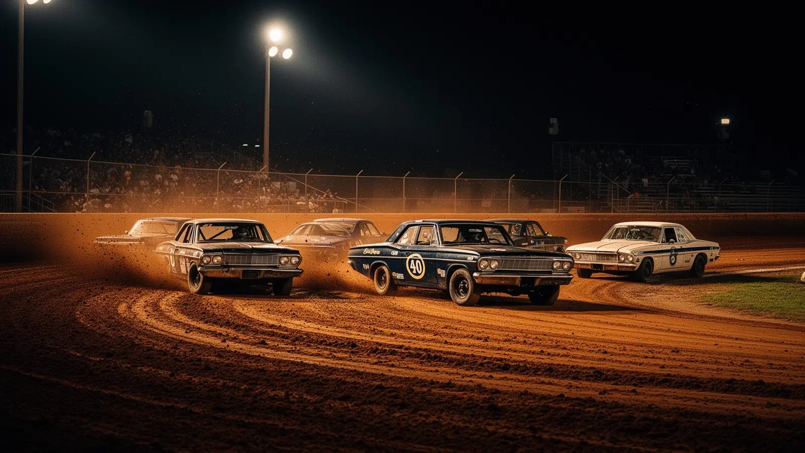 Vintage stock cars racing under the lights